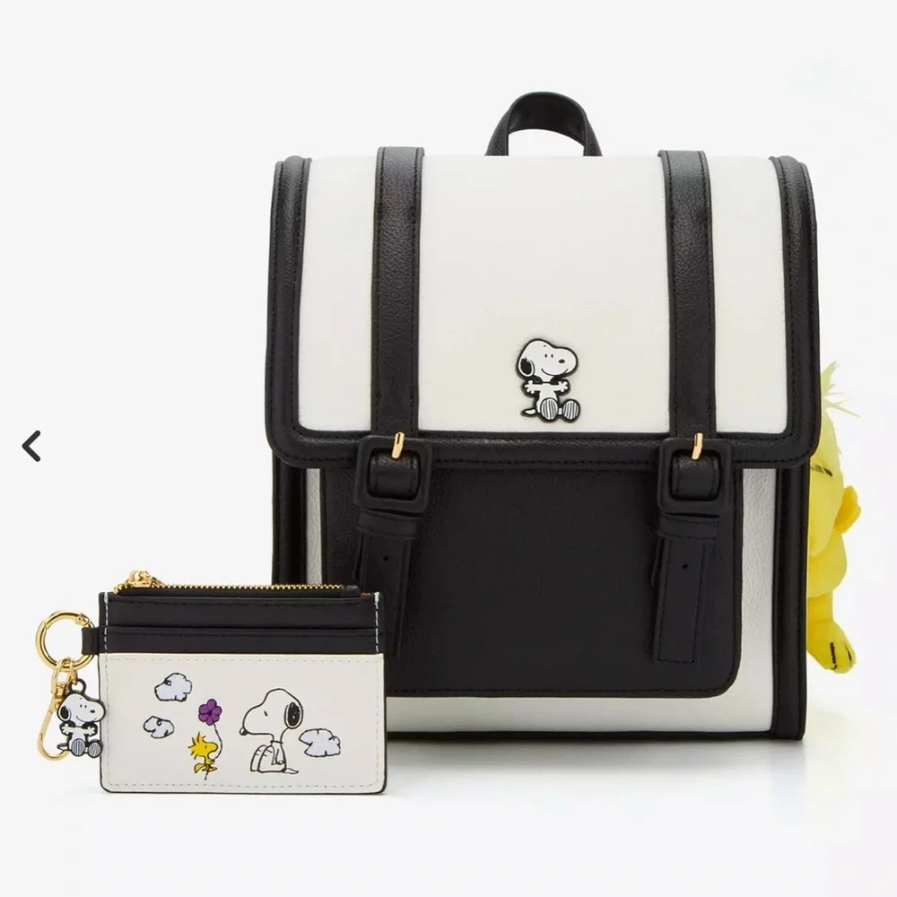 Peanuts Snoopy Black & White Mini Backpack with Woodstock Plush Charm Set